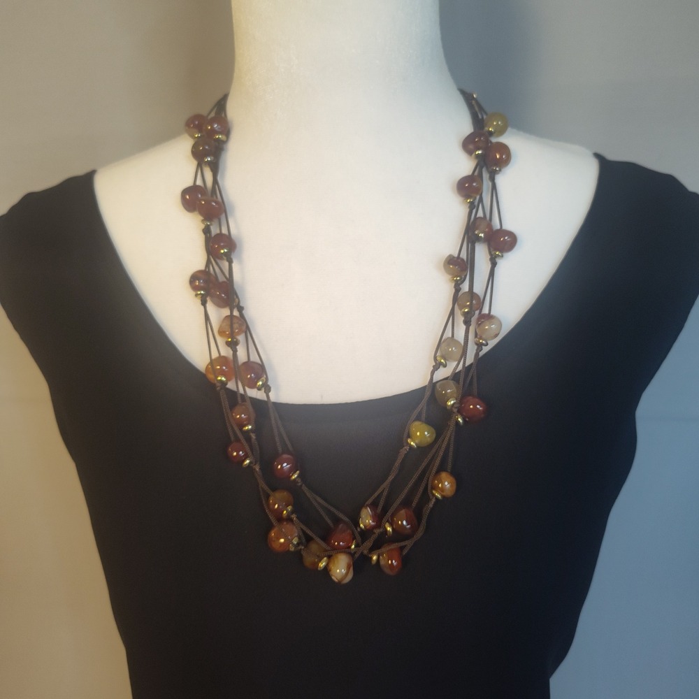 Boho Multi Strand Brown Bead Necklace Gold Tone Accents 13in Length‎